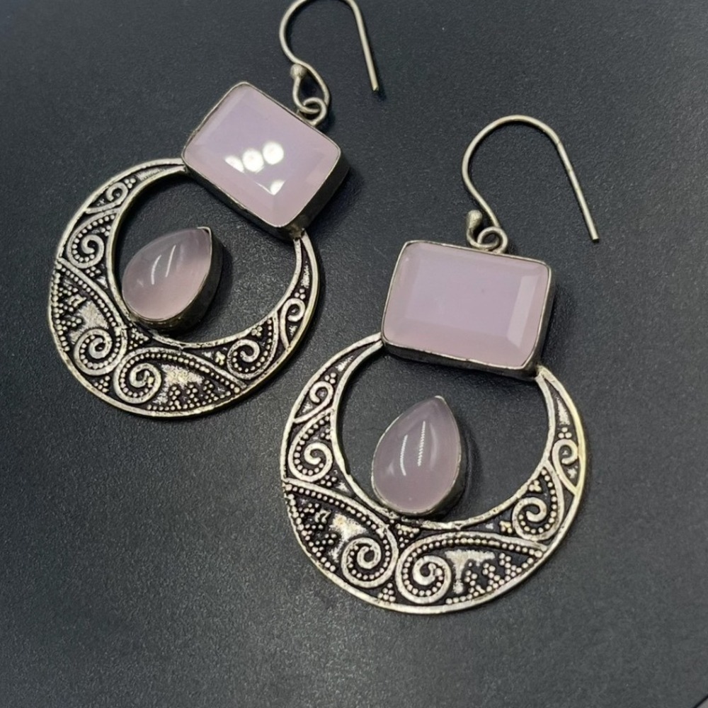 Sterling Silver Pink Chalcedony Large Boho Bali Style Door Knocker Earrings